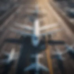 Aerial view of a bustling airport with planes on the runway