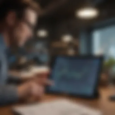 A person evaluating financial data on a tablet while sitting at a desk.