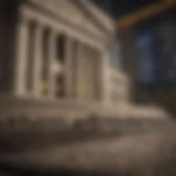 Federal Reserve building with stock market graphs