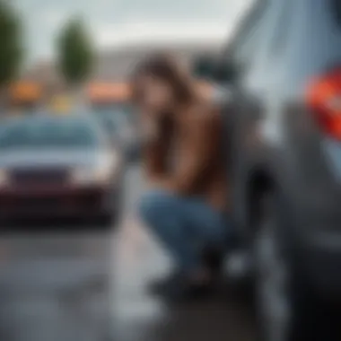 A serene image of a person contemplating their finances while looking at a car in a parking lot