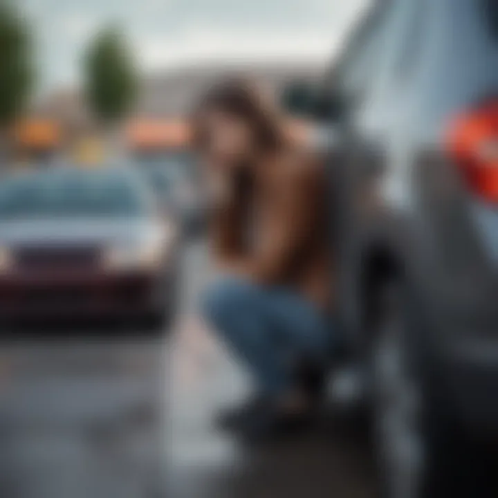 A serene image of a person contemplating their finances while looking at a car in a parking lot