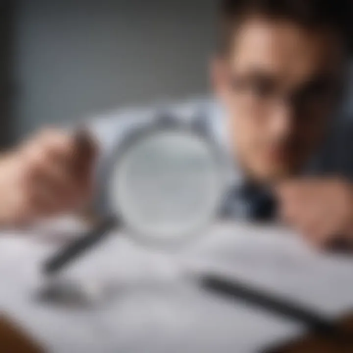 A person analyzing credit reports with a magnifying glass for insights